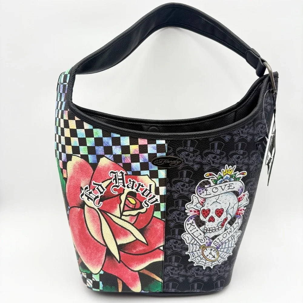 Ed Hardy Hobo Bag Rose Skull Tattoo‎ Checkered Print Shoulder Bag Purse Y2K